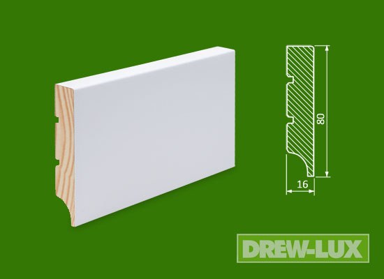 Listwa przypodłogowa drewniana sosnowa biała- lakierowana 80 x 16 RAL 9003 /KRÓTKA (1-1,7 mb)